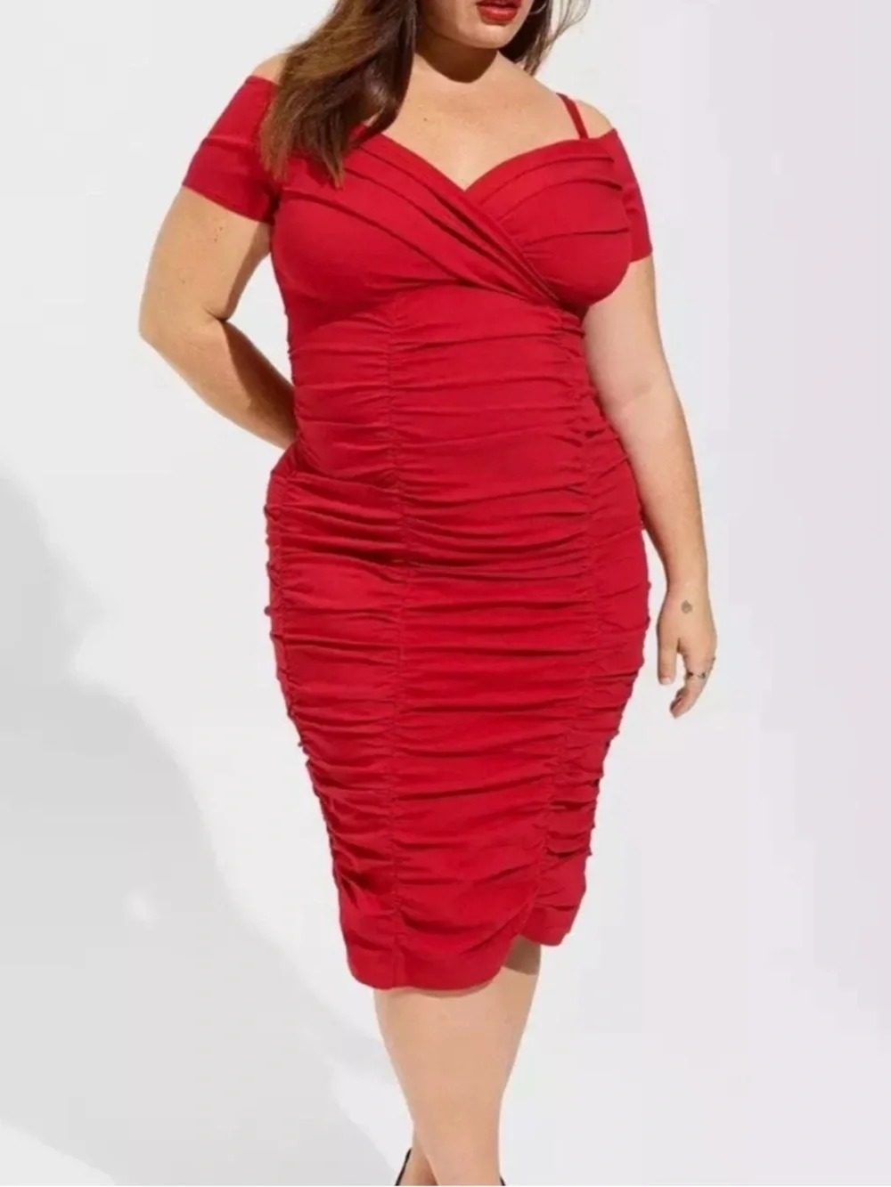 torrid Red Off-Shoulder Ruched Midi Dress - Picture 1 of 5